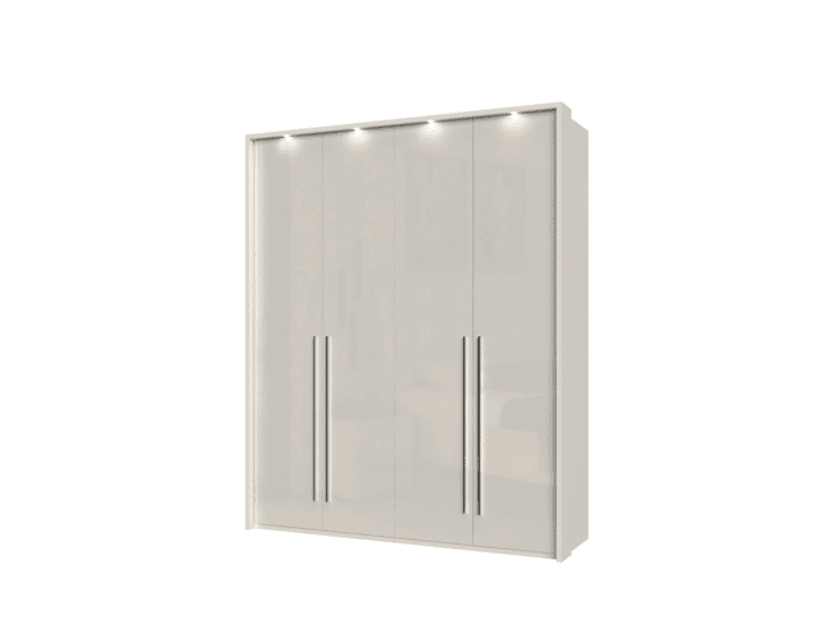 White four-door bedroom wardrobe with long vertical chrome handles and a clean, minimalist frame.