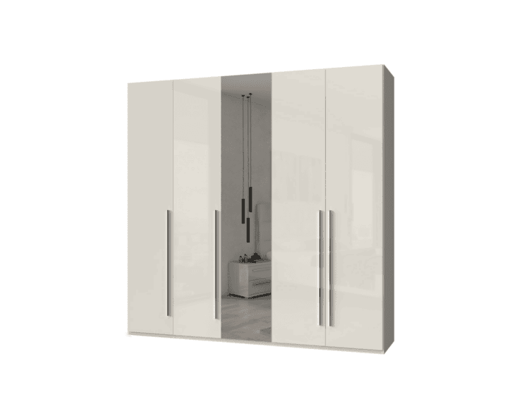 White glossy wardrobe with four doors; the middle panel is open, revealing a gray interior and a glimpse of a bedroom dresser behind it.