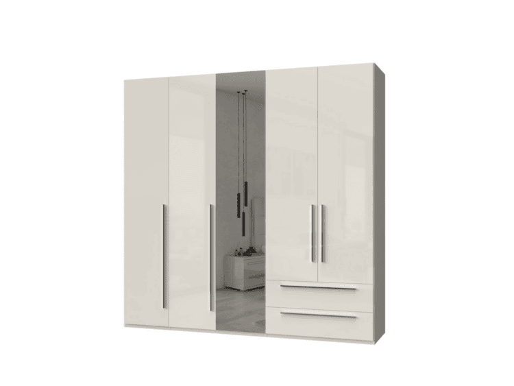 White modern wardrobe with multiple tall doors and two lower drawers, showing a reflective center panel that hints at a bedroom interior