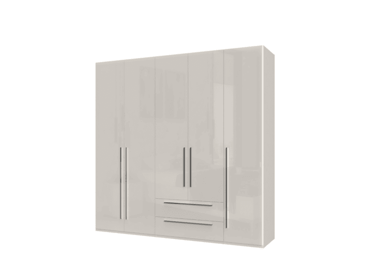 Glossy white wardrobe with four tall doors and two central drawers on a light background