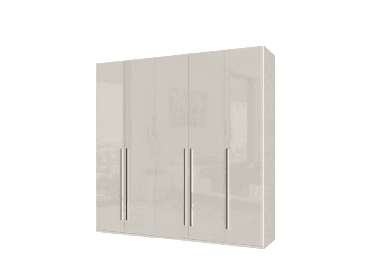 Five-door beige glossy wardrobe with long vertical chrome handles, in a contemporary bedroom setting (high-gloss finish reflects surroundings).
