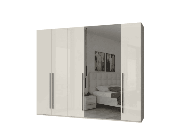 White modern wardrobe with mirrored central doors reflecting a bedroom with a bed and nightstand.