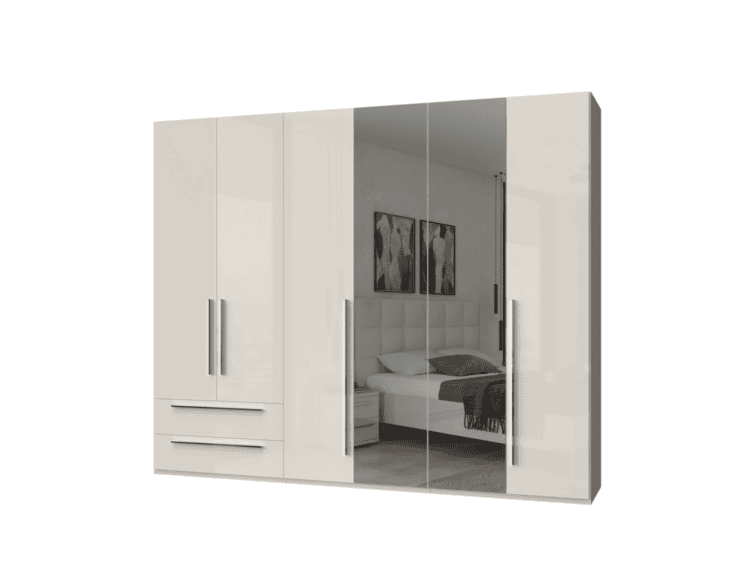 White modern wardrobe with mirrored sliding doors; reflection of a bedroom with bed and nightstand seen in the panels