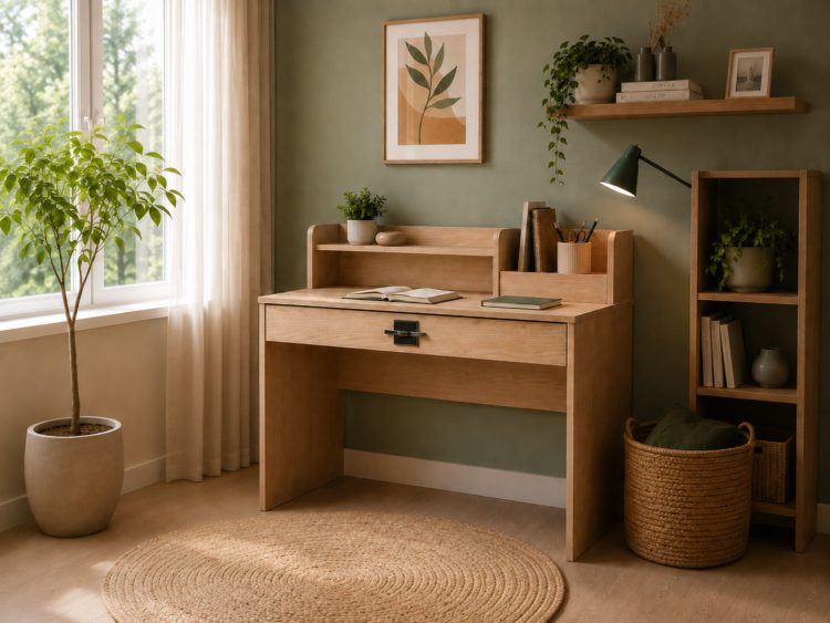 Wooden desk and shelf setup in a sunlit room with potted plant, books, and a woven basket nearby.