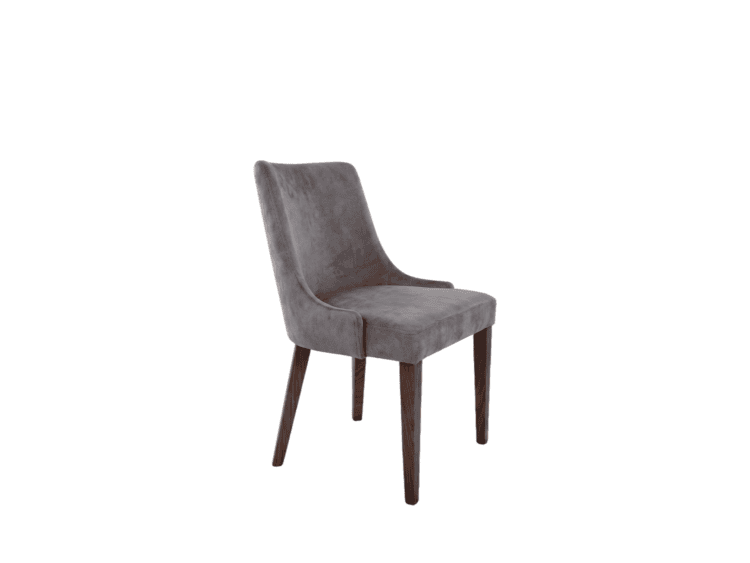 Gray upholstered chair with dark wooden legs, facing slightly left.