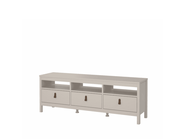 Cream-colored storage console with three bottom drawers, each with a small padlock, and three open cubby shelves above.