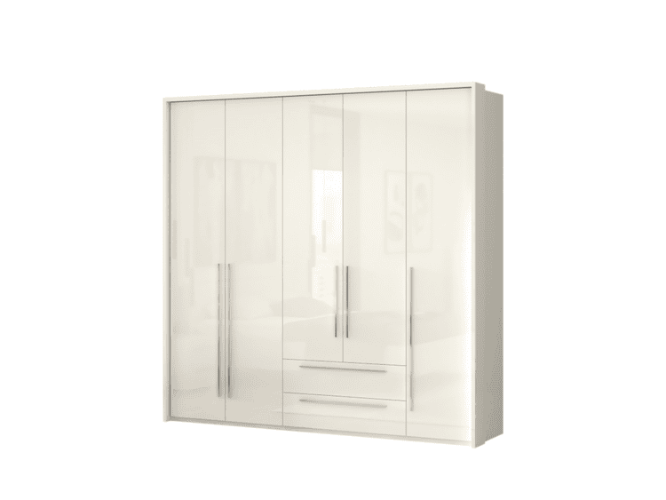 White high-gloss wardrobe with multiple doors and three bottom drawers, featuring long chrome handles on each door.