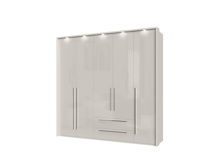 White glossy modern wardrobe with four tall doors and two central drawers, chrome handles, and a clean minimalist design.