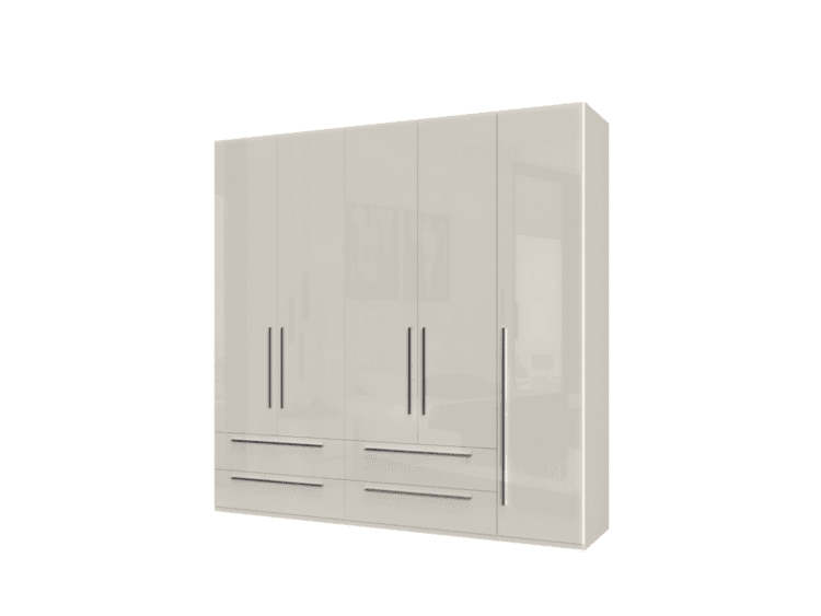 White glossy wardrobe with five tall doors and four drawers, featuring long vertical metal handles and a clean modern design