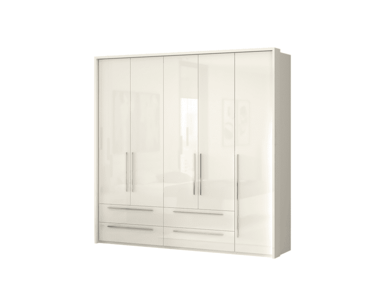 White glossy wardrobe with four tall doors and six bottom drawers, featuring long metal handles and a reflective finish.