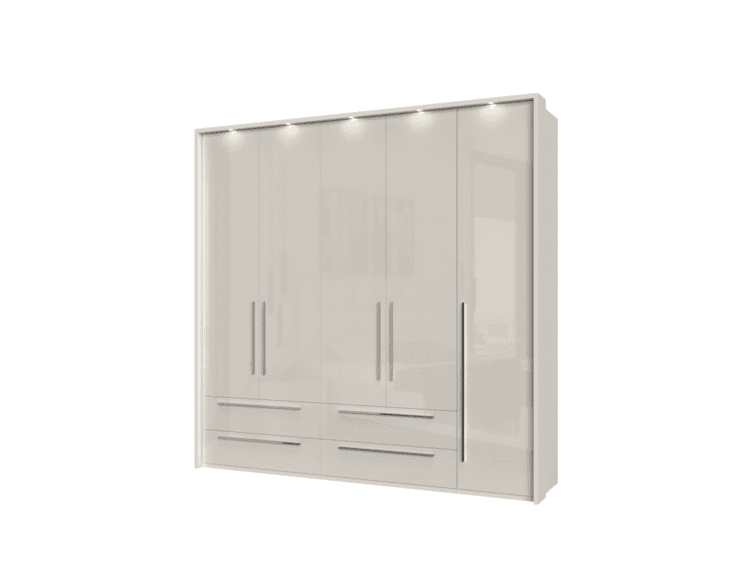 Modern white wardrobe with glass doors, vertical metal handles, and four bottom drawers