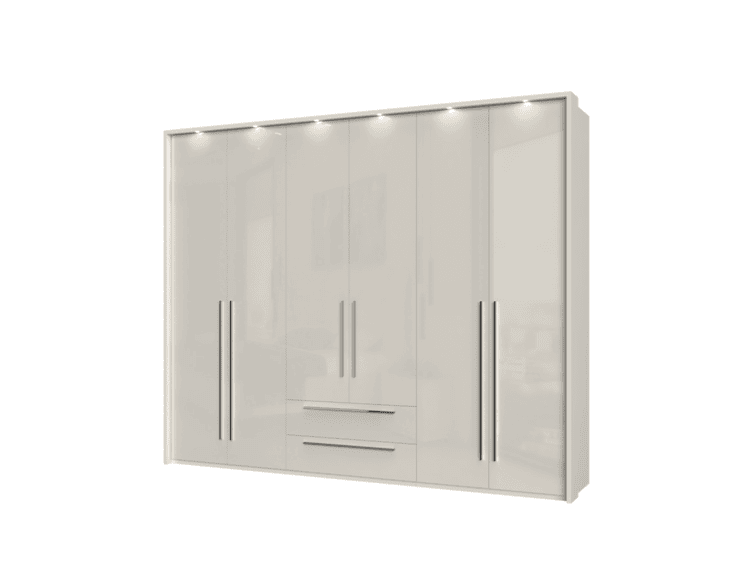 White glossy wardrobe with six doors and three center drawers, chrome handles, minimal design in a bedroom setting (informative).