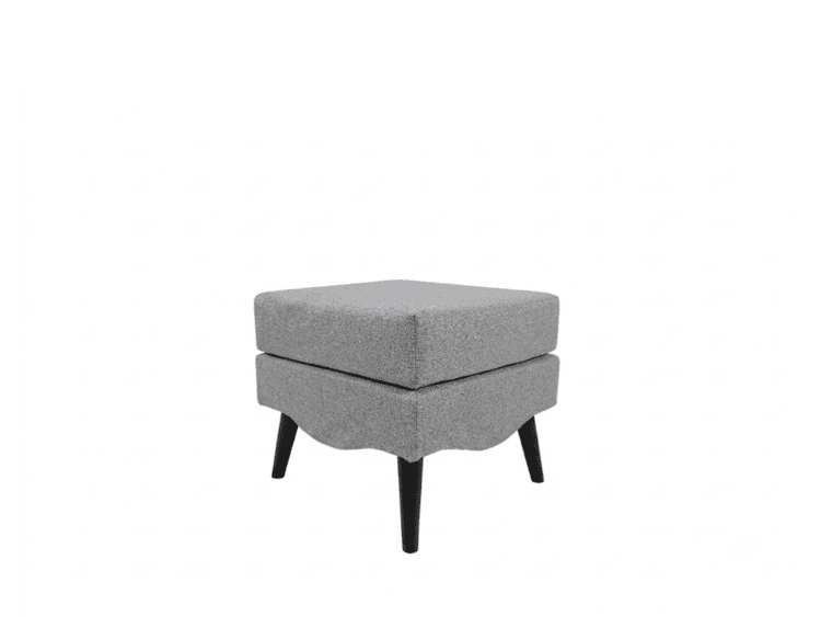 Gray upholstered ottoman with a cushioned top and four black angled legs.